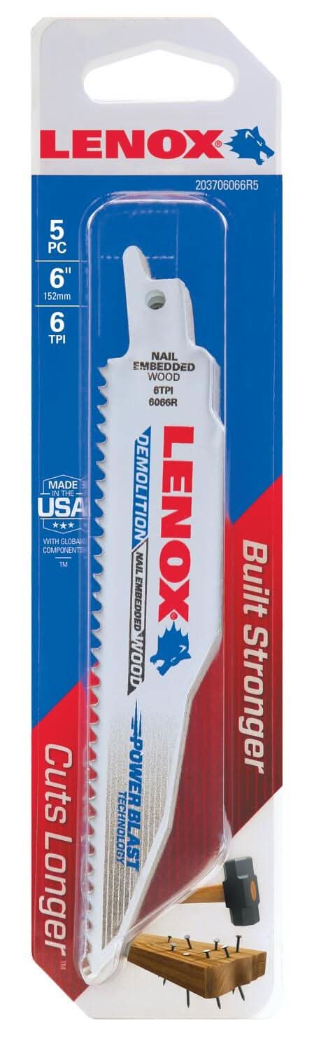 Lenox 203706066R5 Demolition 6066R5 Bi-Metal Reciprocating Saw Blades, 6-inch, 6 TPI, 5-Pack