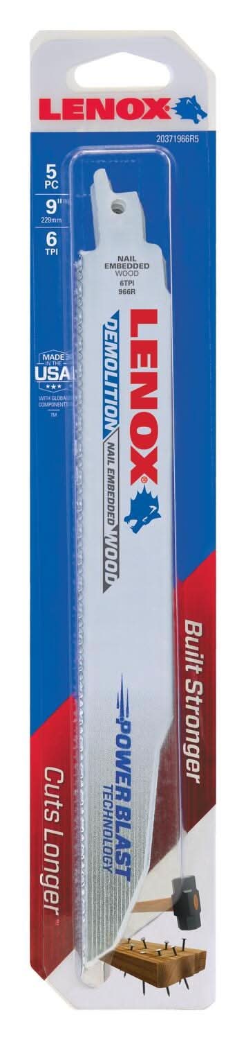 Lenox 20371966R5 Demolition 966R5 Bi-Metal Reciprocating Saw Blades, 9-inch, 6 TPI, 5-Pack