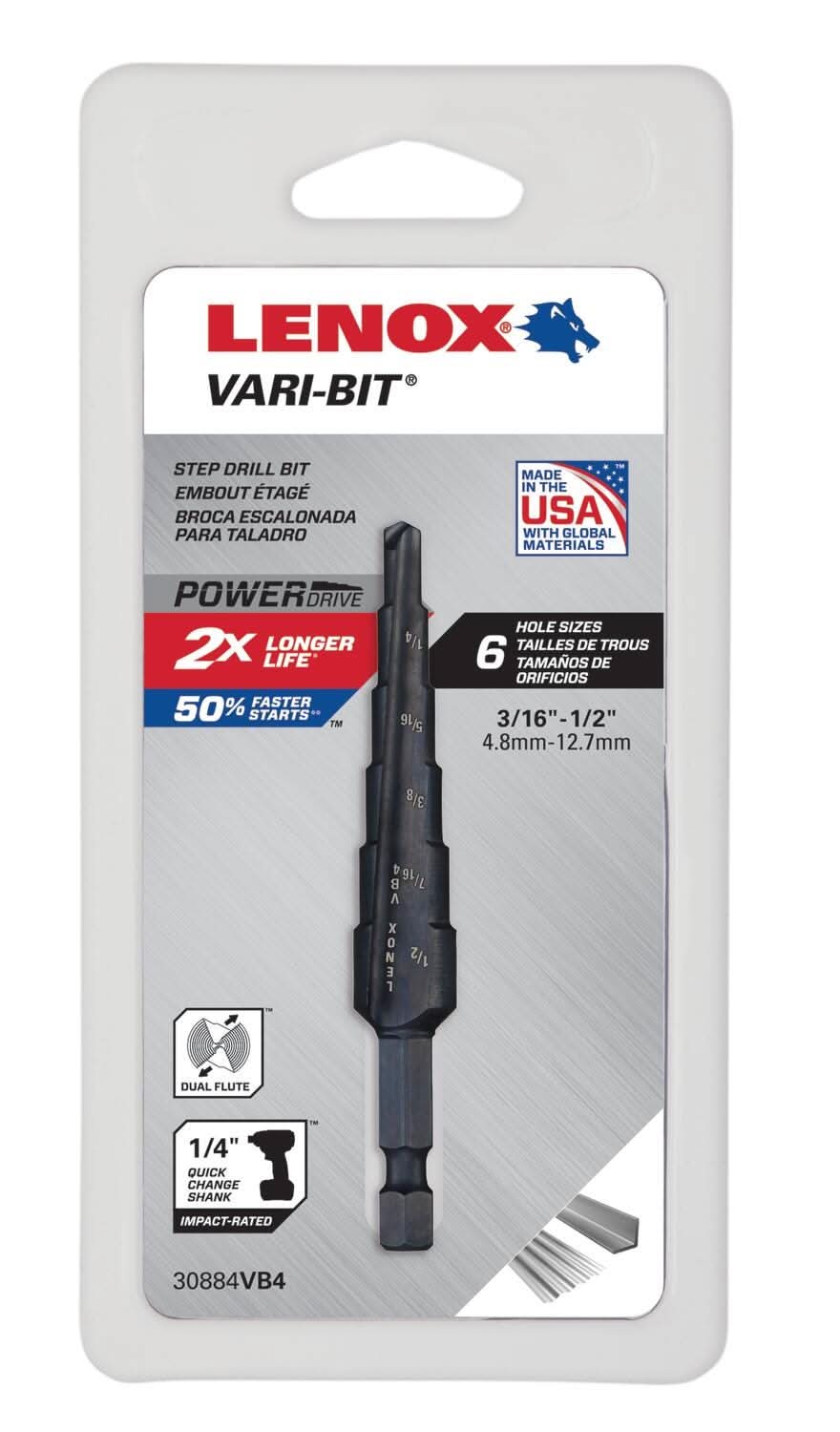 Lenox 30884VB4 Vari-Bit VB4 Step Drill Bits, 3/16-inch to 1/2-inch