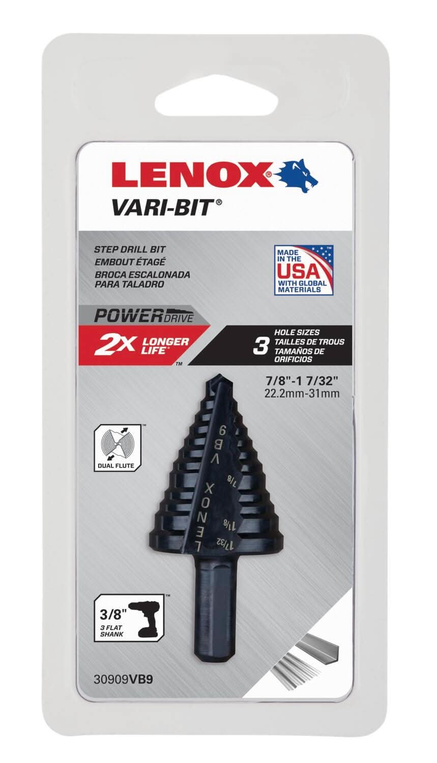 Lenox 30909VB9 Vari-Bit VB9 Step Drill Bits, 7/8, 1-1/8, 1-7/32