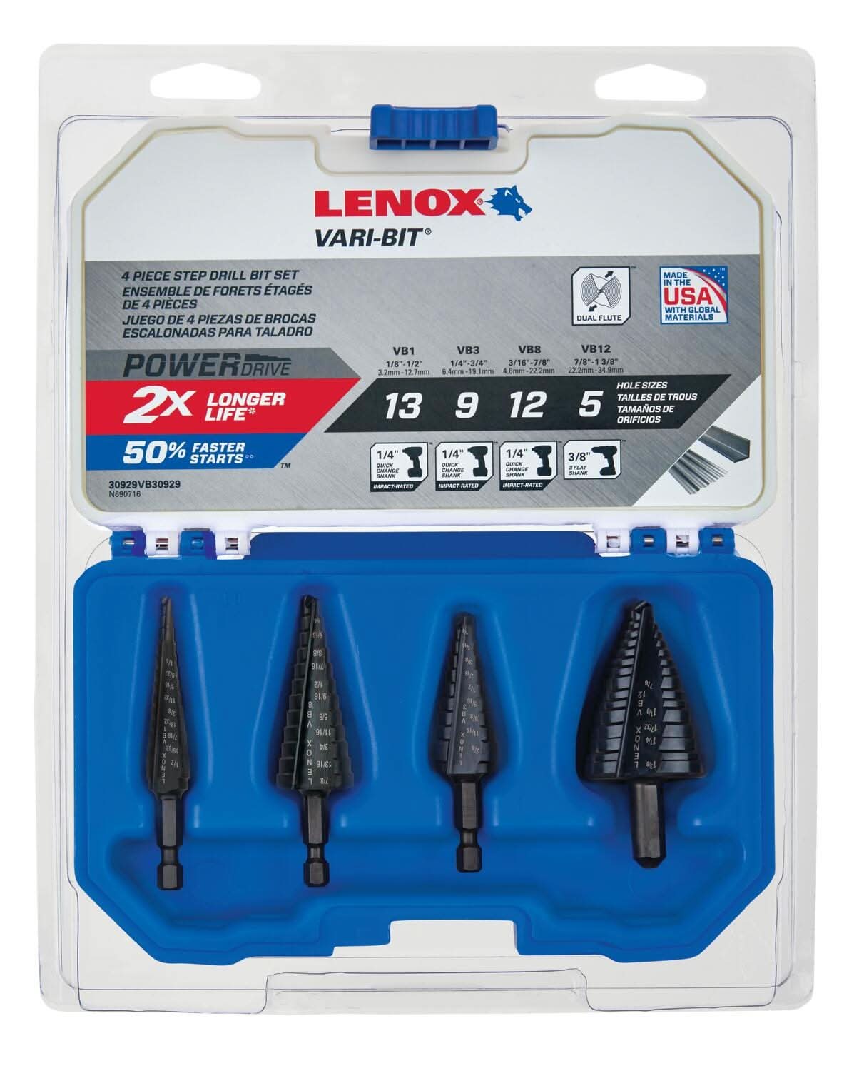 Lenox 30929VB30929 VARI-BIT 4-Piece Step Drill Bit Kit, Large