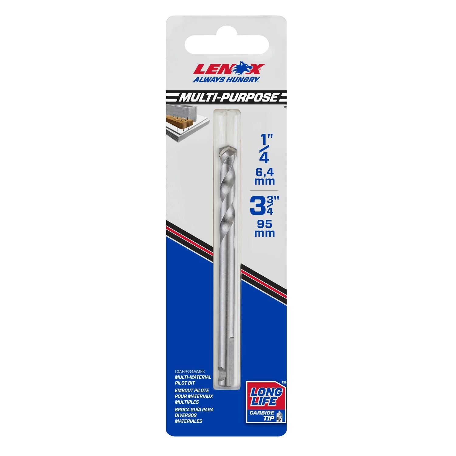 Lenox LXAH9334MMPB 3-3/4 in. Carbide Tipped Hole Saw Pilot Drill Bit, 1/4 in. Shank