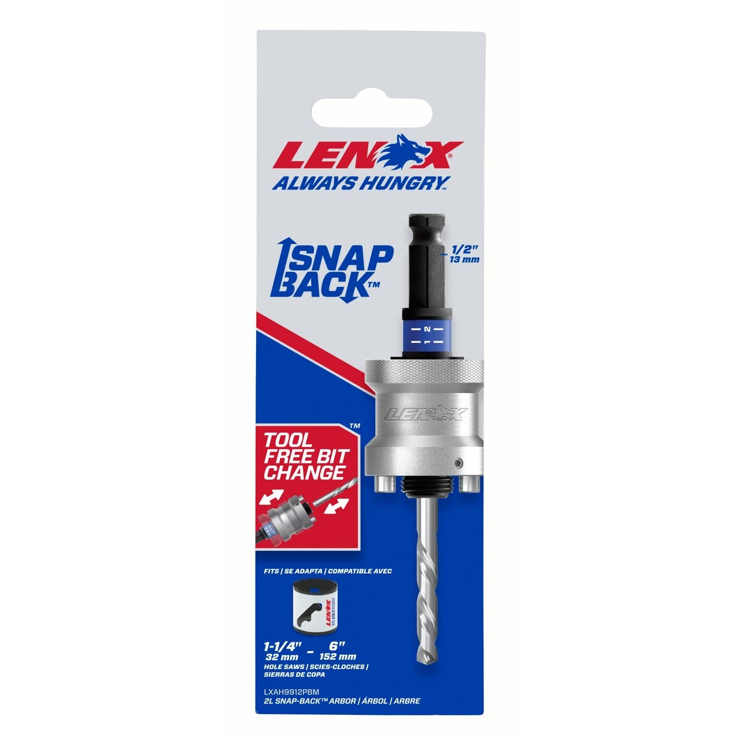 Lenox LXAH9912PBM 1-1/4 in. - 6 in. SNAP BACK Quick Change Hole Saw Arbor, 1/2 in. Shank