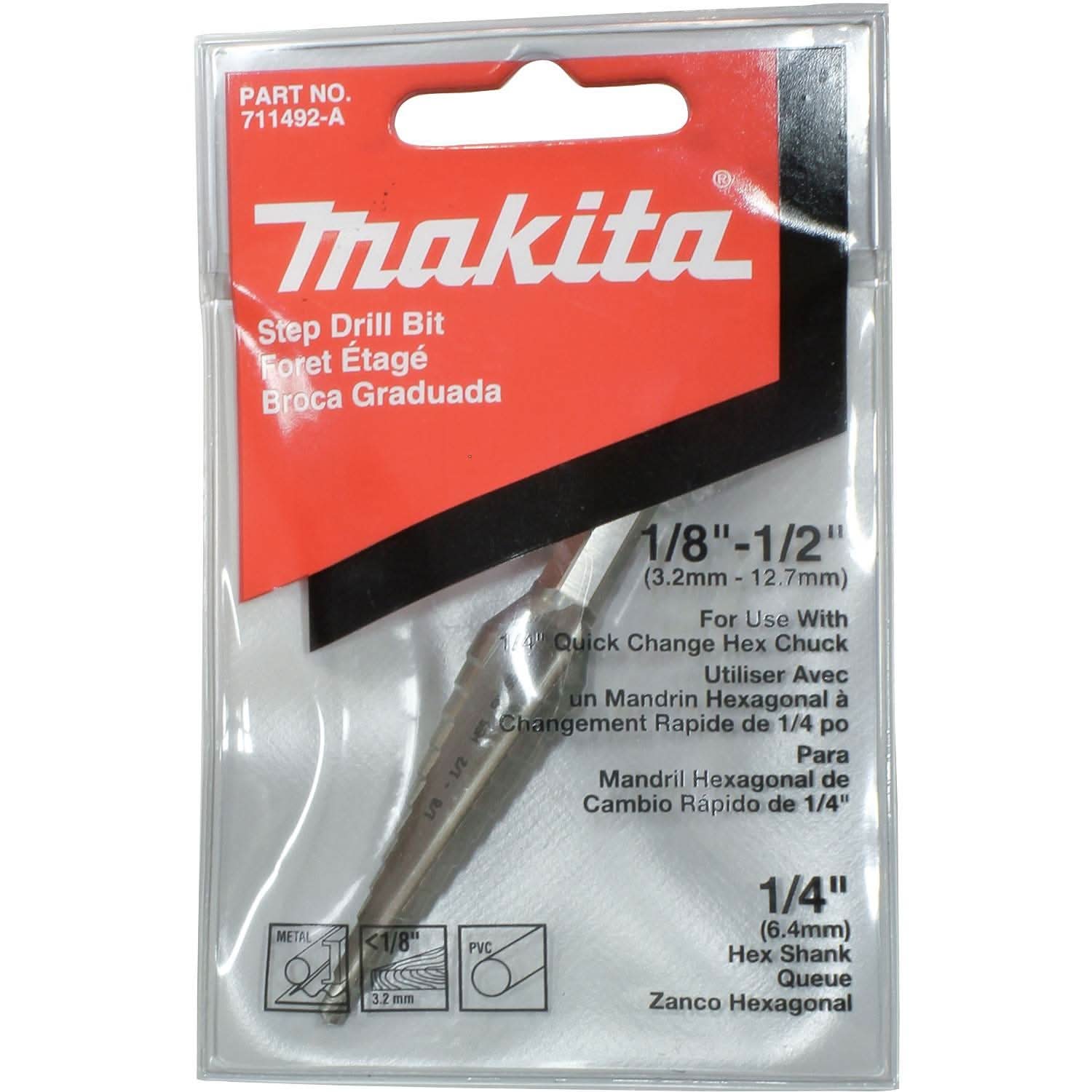 Makita 711492-A 1/8" - 1/2" H.S.S. Step Drill Bit, 1/4" Hex Shank