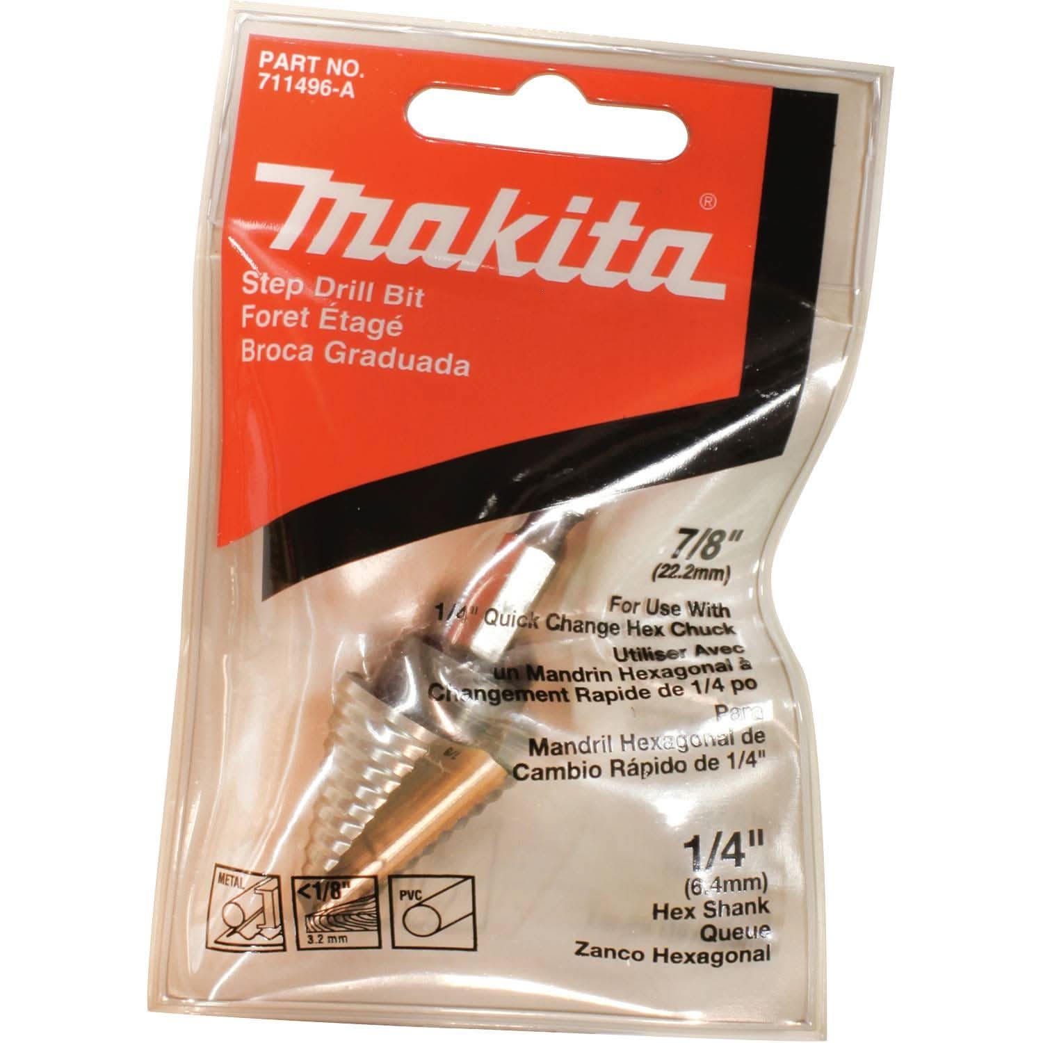 Makita 711496-A 1/4" - 7/8" H.S.S. Step Drill Bit, 1/4" Hex Shank