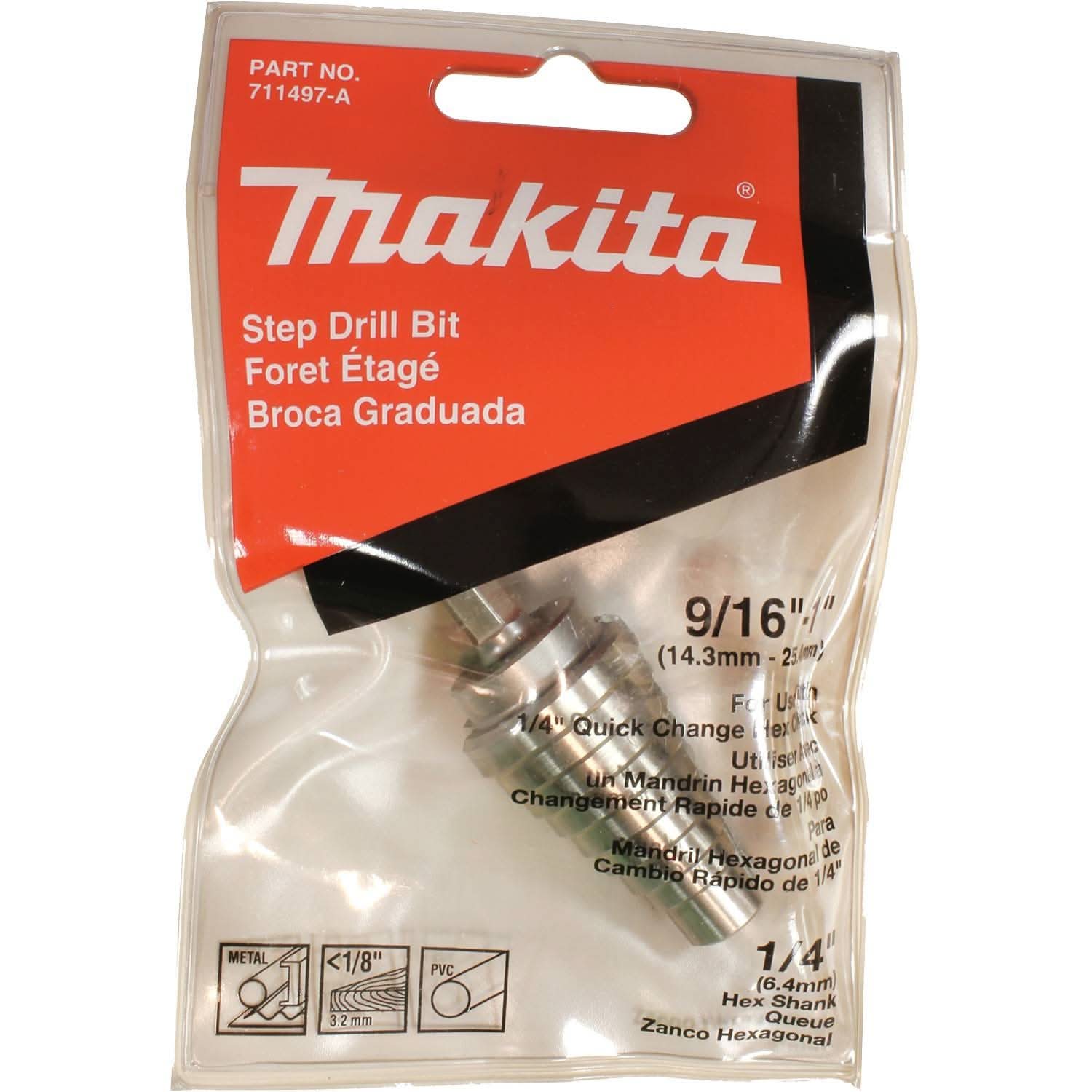 Makita 711497-A 1/2" - 1" H.S.S. Step Drill Bit, 1/4" Hex Shank