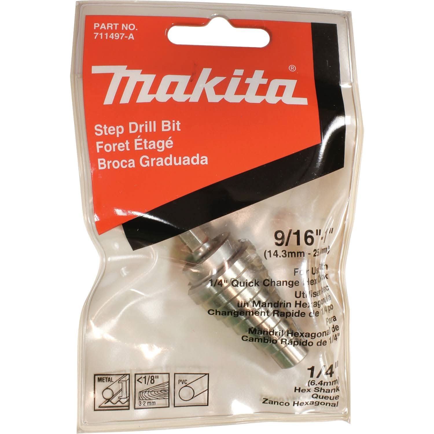 Makita 711497-A 1/2" - 1" H.S.S. Step Drill Bit, 1/4" Hex Shank