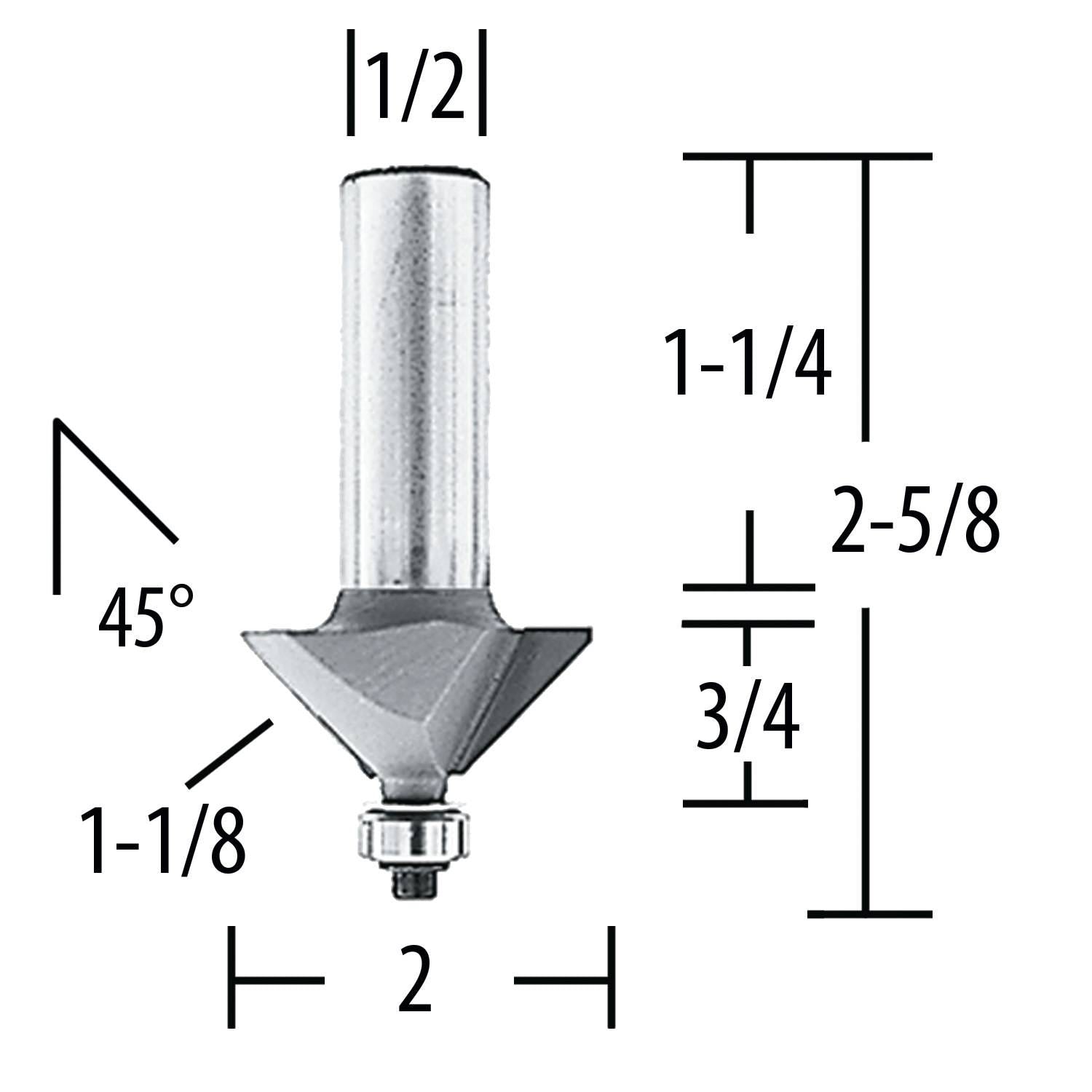 Makita 733286-A Router Bit 45 Chamfer 1-1/8" Length., 2 Flute, 1/2" SH, C.T.