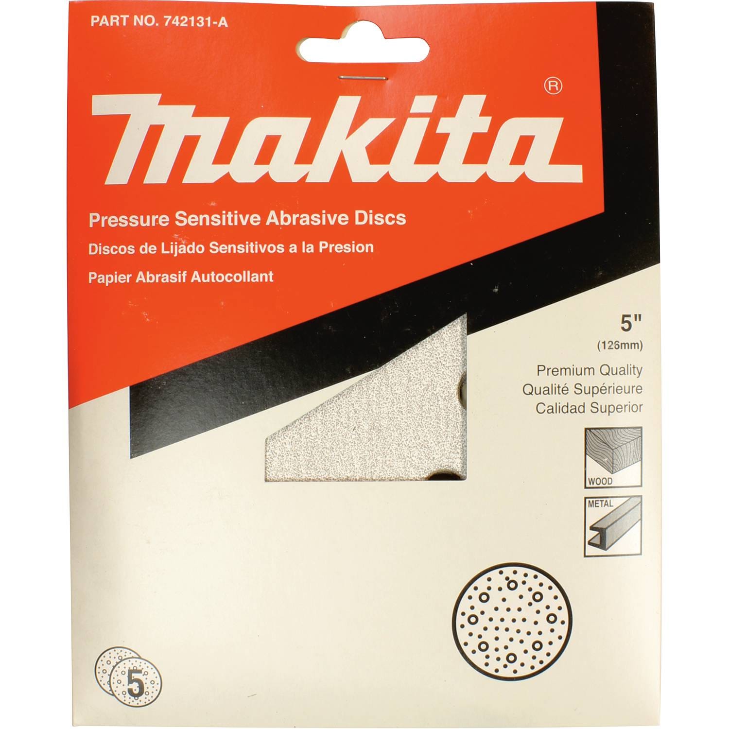 Makita 742131-A 5" Round Abrasive Paper, Pressure Sensitive Adhesive (PSA), 60 Grit, 5/pk