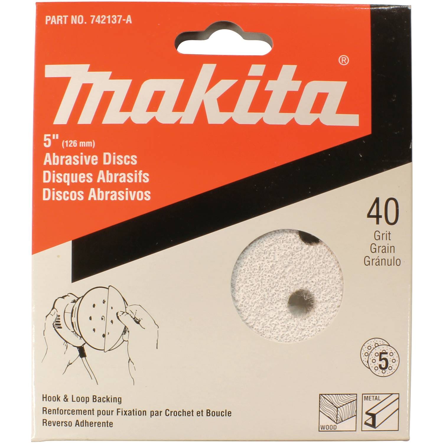 Makita 742137-A 5" Round Abrasive Disc, Hook & Loop, 40 Grit, 5/pk