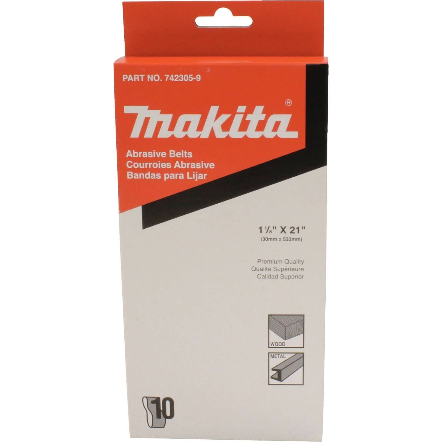 Makita 742305-9 1-1/8" x 21" Abrasive Belt, 120 Grit, 10/pk