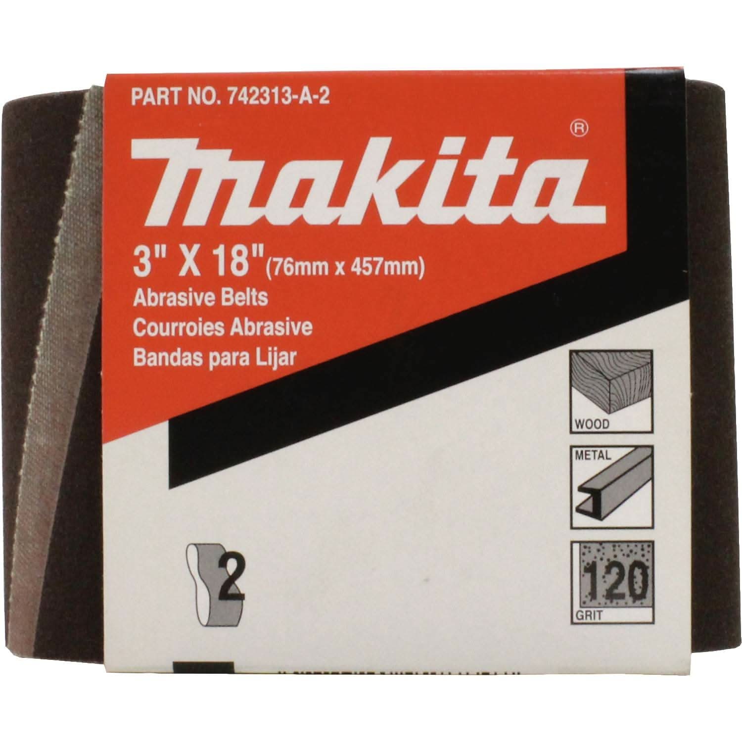Makita 742313-A-2 3" x 18" Abrasive Belt, 120 Grit, 2/pk