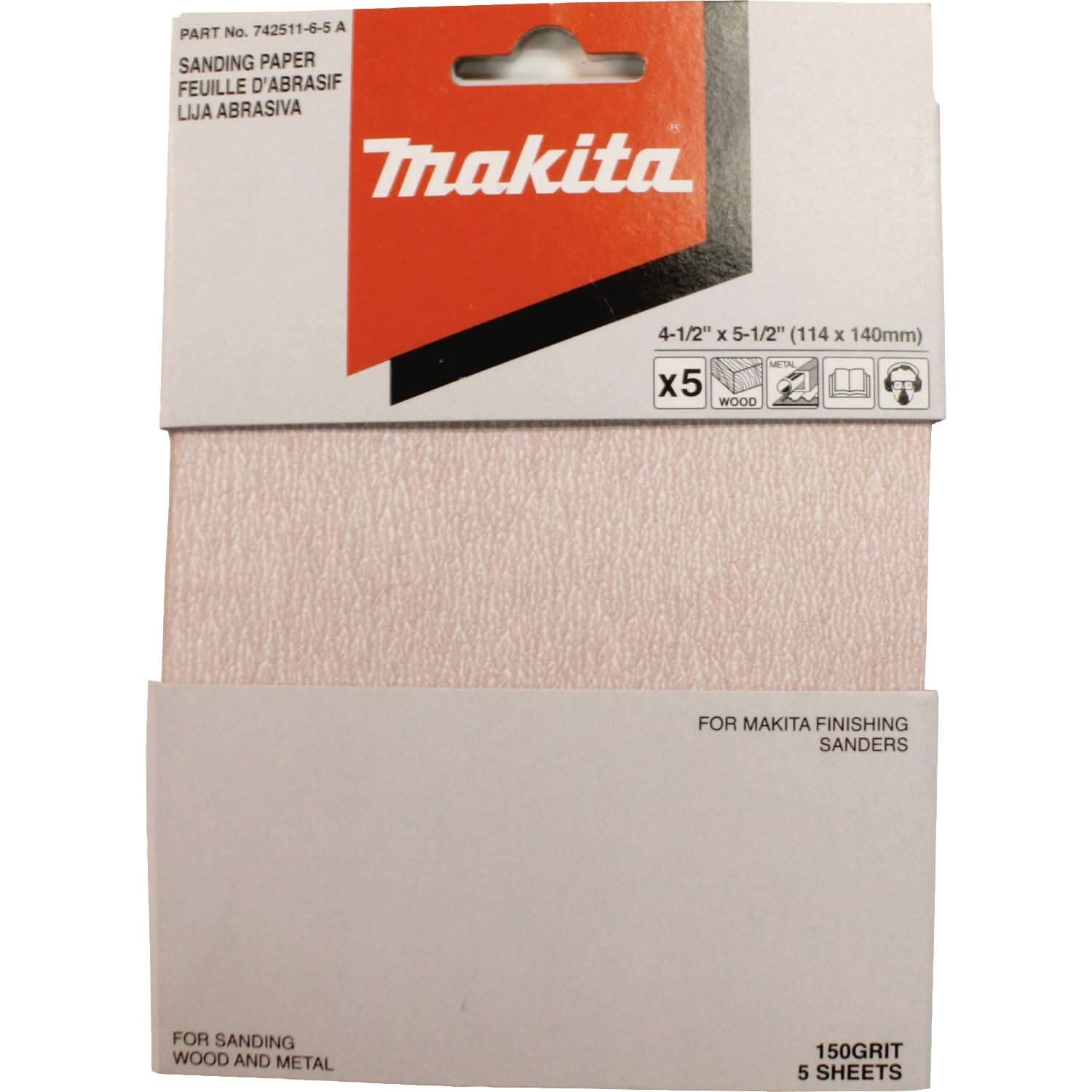 Makita 742511-6-5 4-1/2" x 5-1/2" Abrasive Paper, 150 Grit, 5/pk