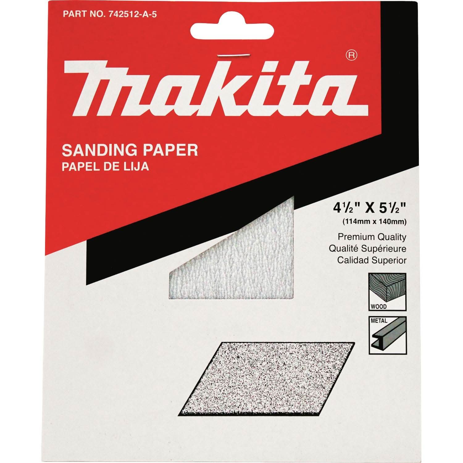 Makita 742512-A-5 4-1/2" x 5-1/2" Abrasive Paper, 180 Grit, 5/pk