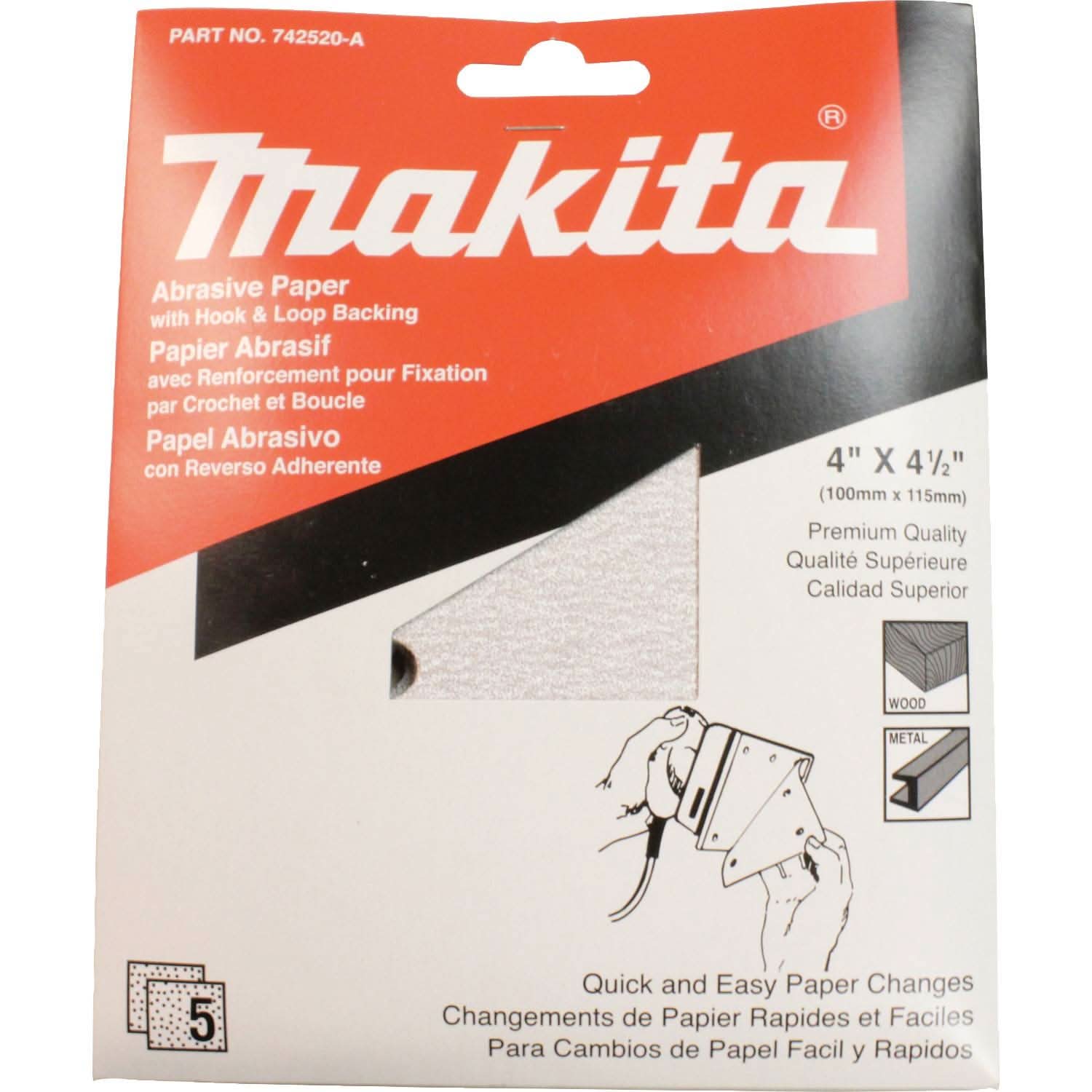 Makita 742520-A 4" x 4-1/2" Abrasive Paper, Hook and Loop, 80 Grit, 5/pk
