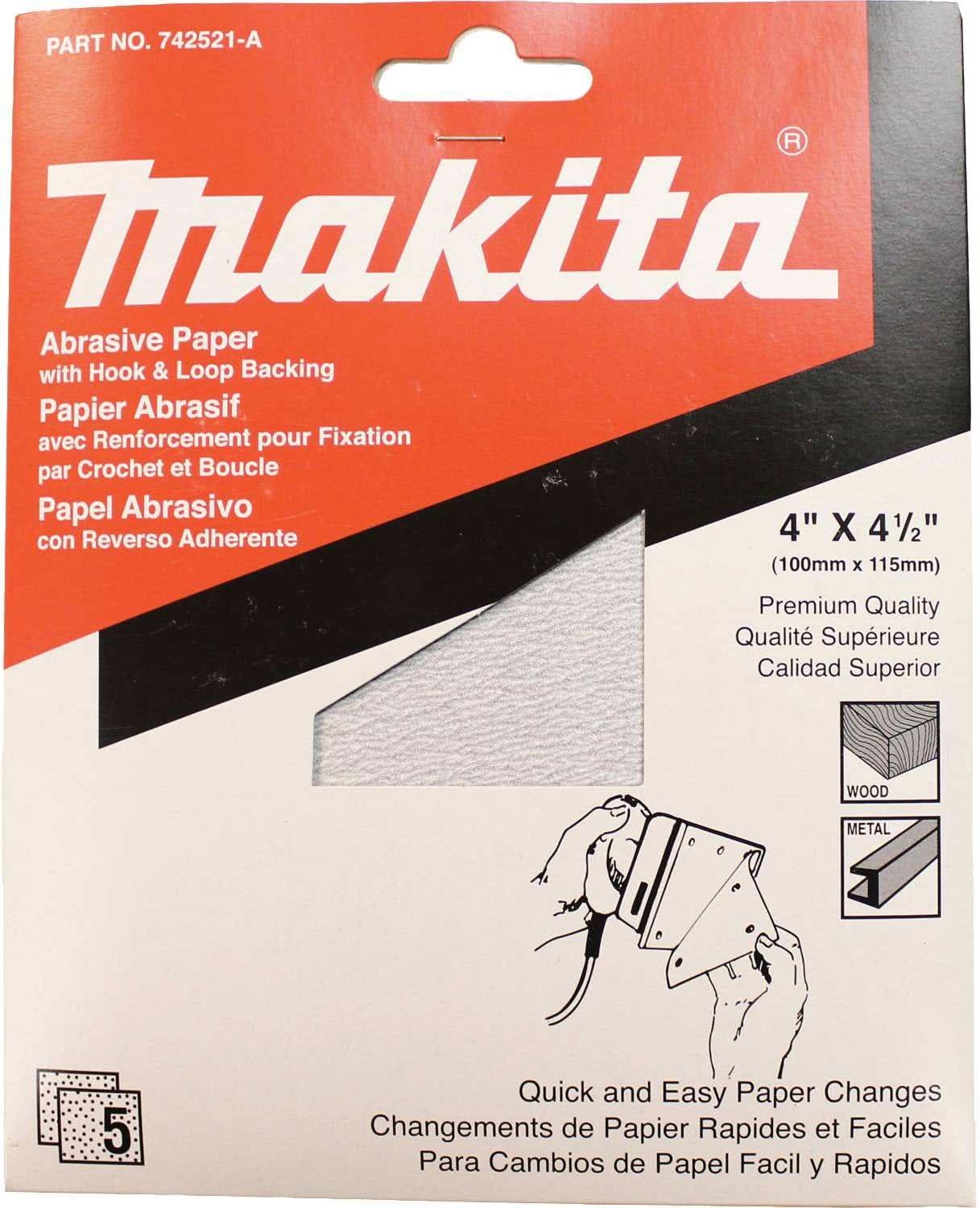Makita 742521-A 4" x 4-1/2" Abrasive Paper, Hook and Loop, 240 Grit, 5/pk