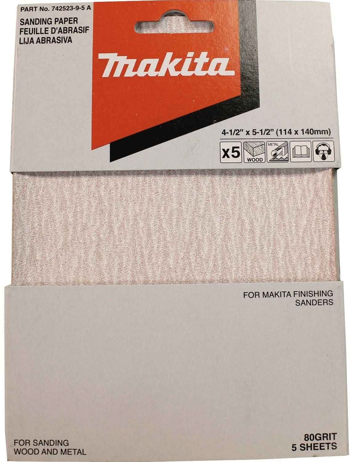 Makita 742523-9-5 4-1/2" x 5-1/2" Abrasive Paper, 80 Grit, 5/pk