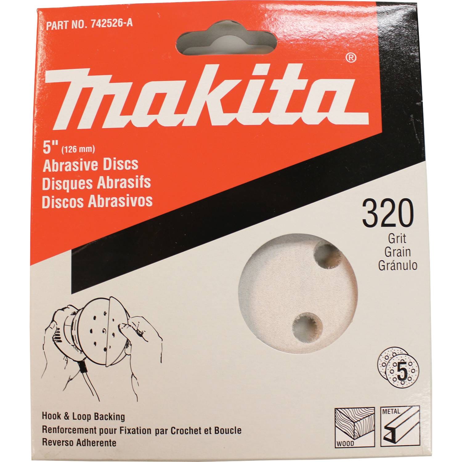 Makita 742526-A 5" Round Abrasive Disc, Hook & Loop, 320 Grit, 5/pk