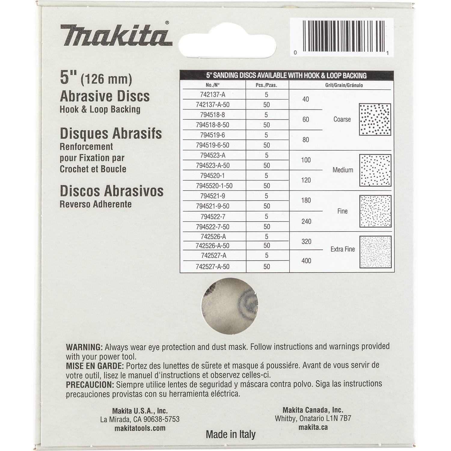 Makita 742526-A 5" Round Abrasive Disc, Hook & Loop, 320 Grit, 5/pk