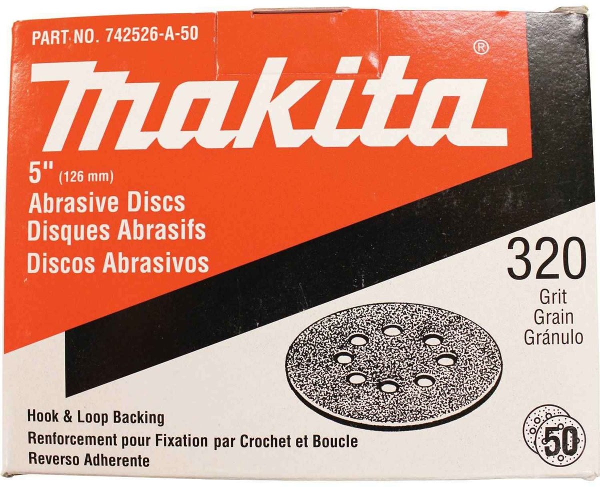 Makita 742526-A-50 5" Round Abrasive Disc, Hook & Loop, 320 Grit, 50/pk