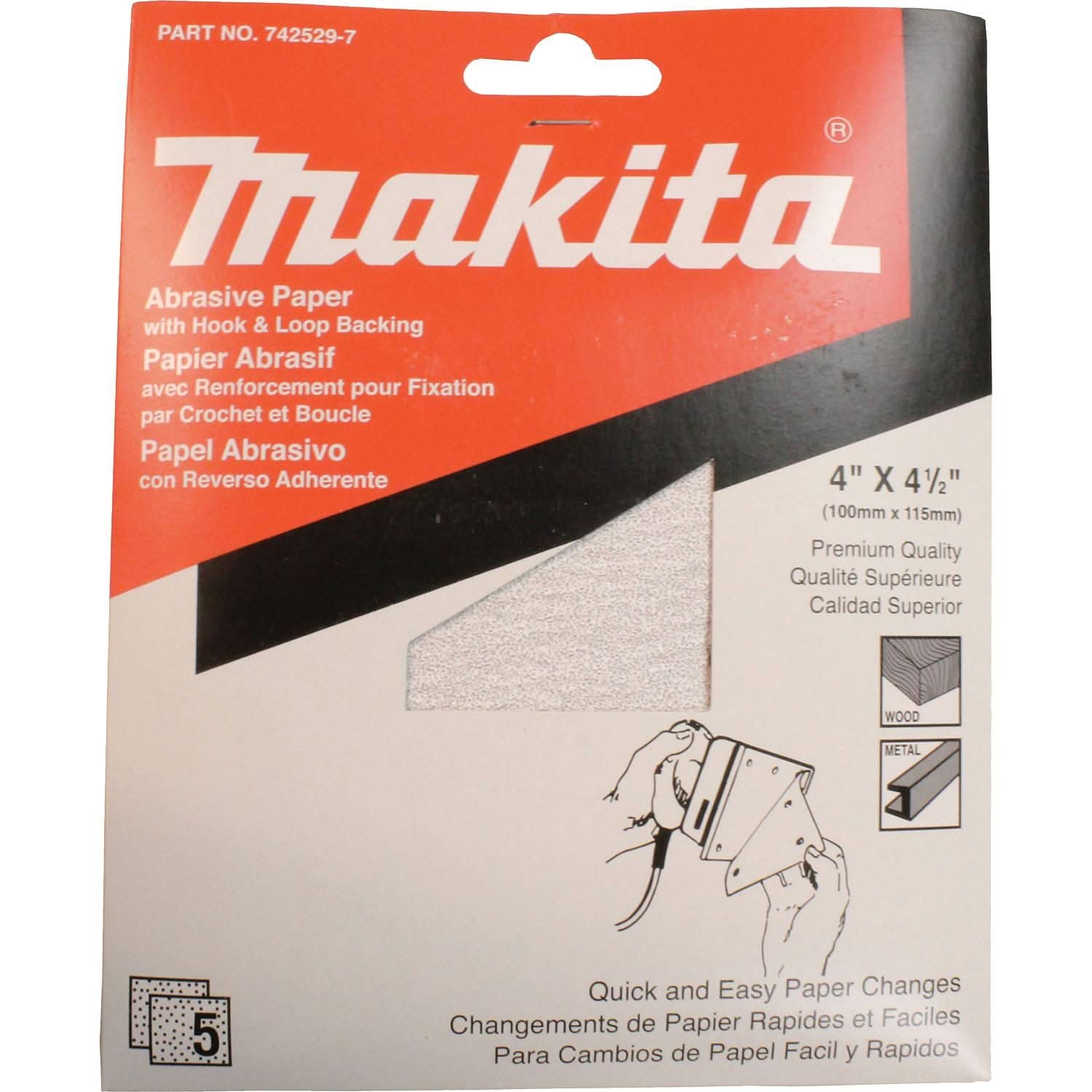 Makita 742529-7 4" x 4-1/2" Abrasive Paper, Hook & Loop, 60 Grit, 5/pk