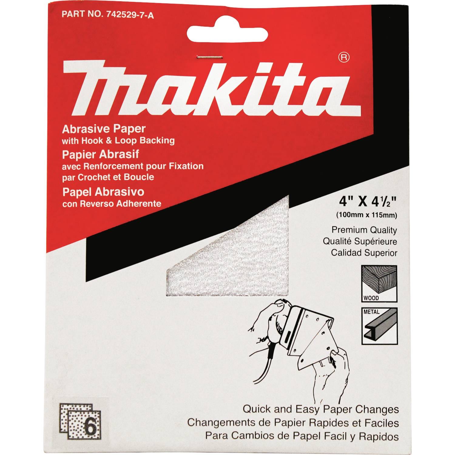 Makita 742529-7-A 4" x 4-1/2" Abrasive Paper, Hook & Loop, 6/pk Assortment