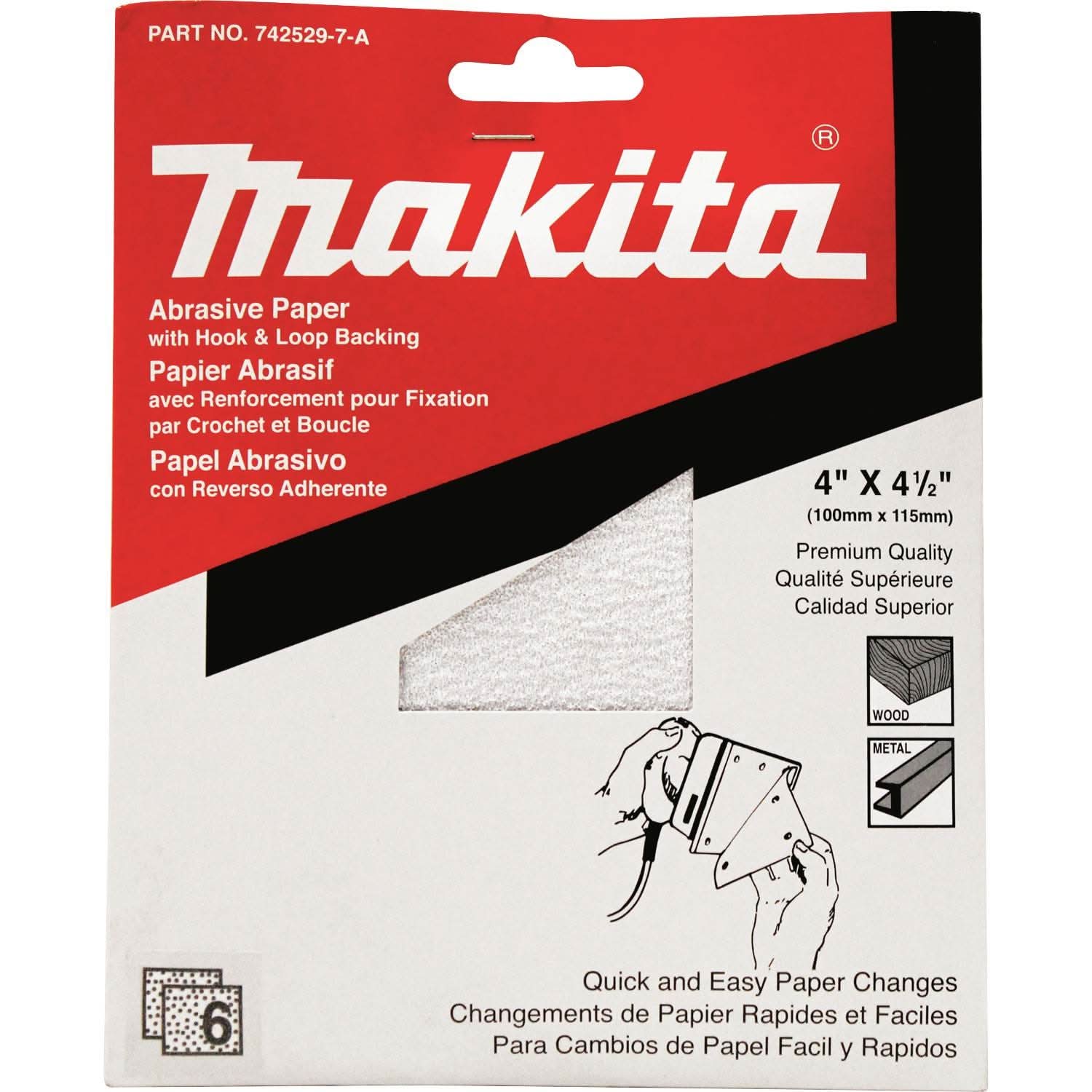 Makita 742529-7 4" x 4-1/2" Abrasive Paper, Hook & Loop, 60 Grit, 5/pk