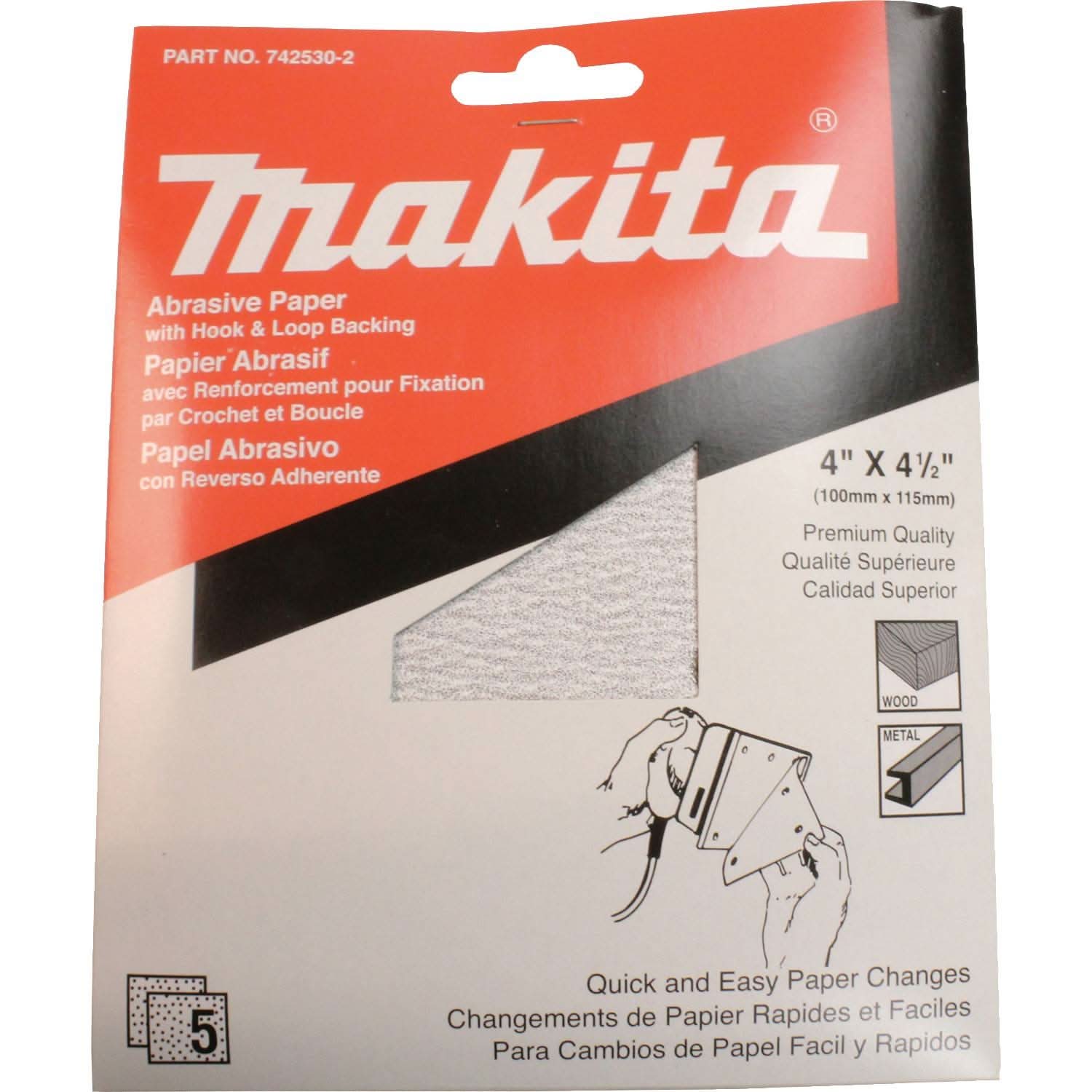 Makita 742530-2 4" x 4-1/2" Abrasive Paper, Hook & Loop, 100 Grit, 5/pk