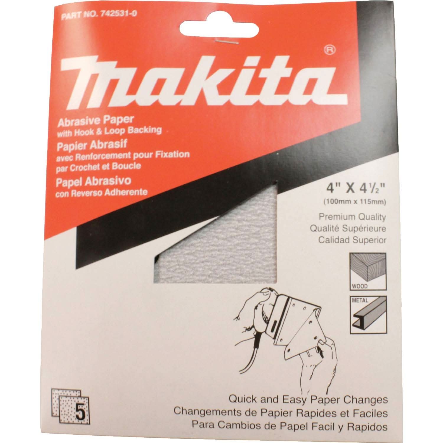 Makita 742531-0 4" x 4-1/2" Abrasive Paper, Hook and Loop, 150 Grit, 5/pk