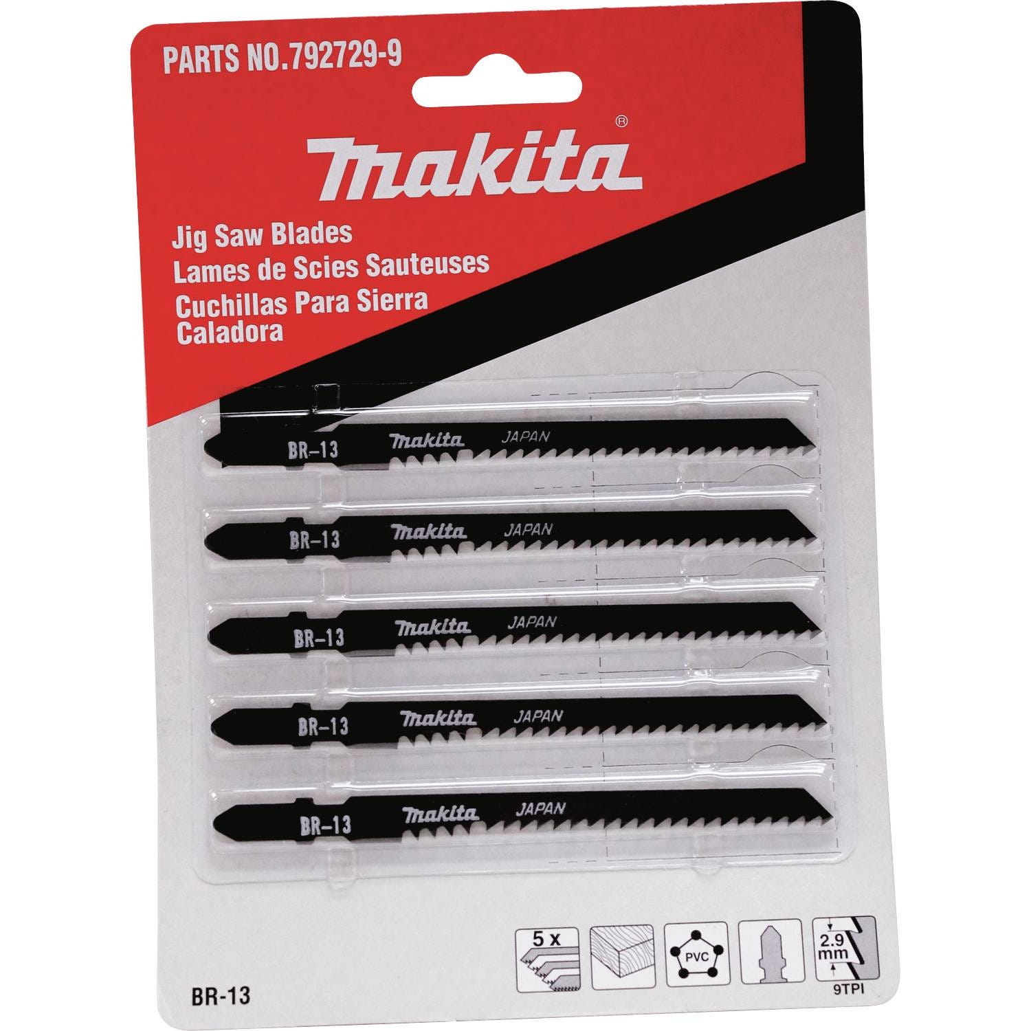 Makita 792729-9 Jig Saw Blade, T Shank, HCS, 4-1/8" x 9TPI, 2-1/2" Cutting Length, 5/pk
