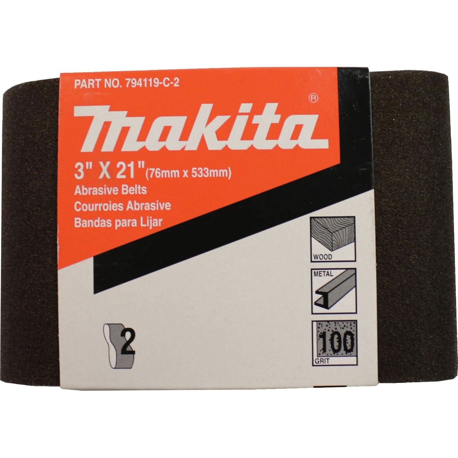 Makita 794119-C-2 3" x 21" Abrasive Belt, 100 Grit, 2/pk