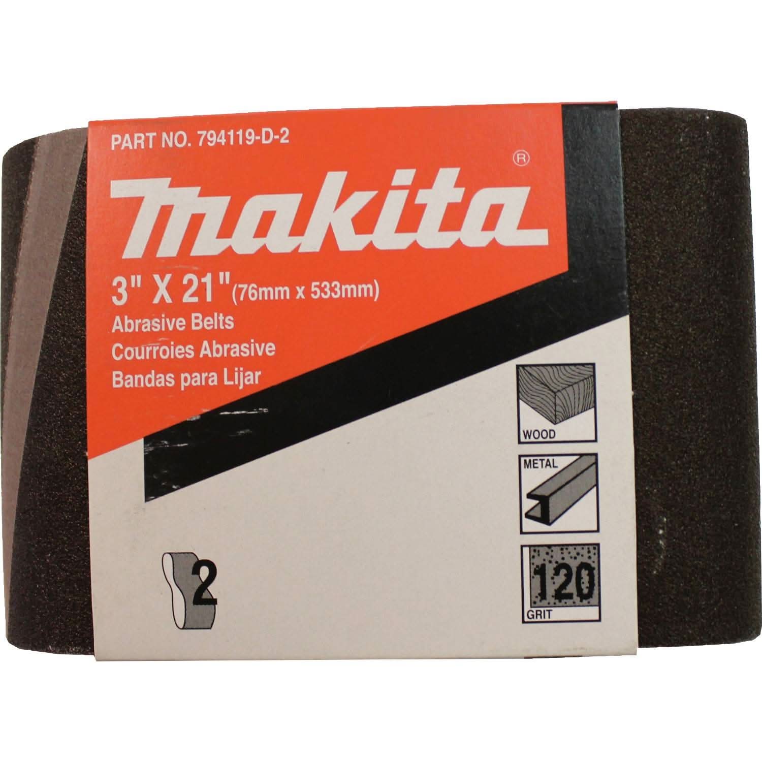 Makita 794119-D-2 3" x 21" Abrasive Belt, 120 Grit, 2/pk