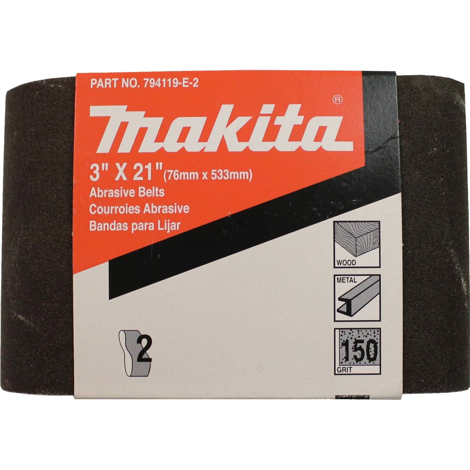 Makita 794119-E-2 3" x 21" Abrasive Belt, 150 Grit, 2/pk