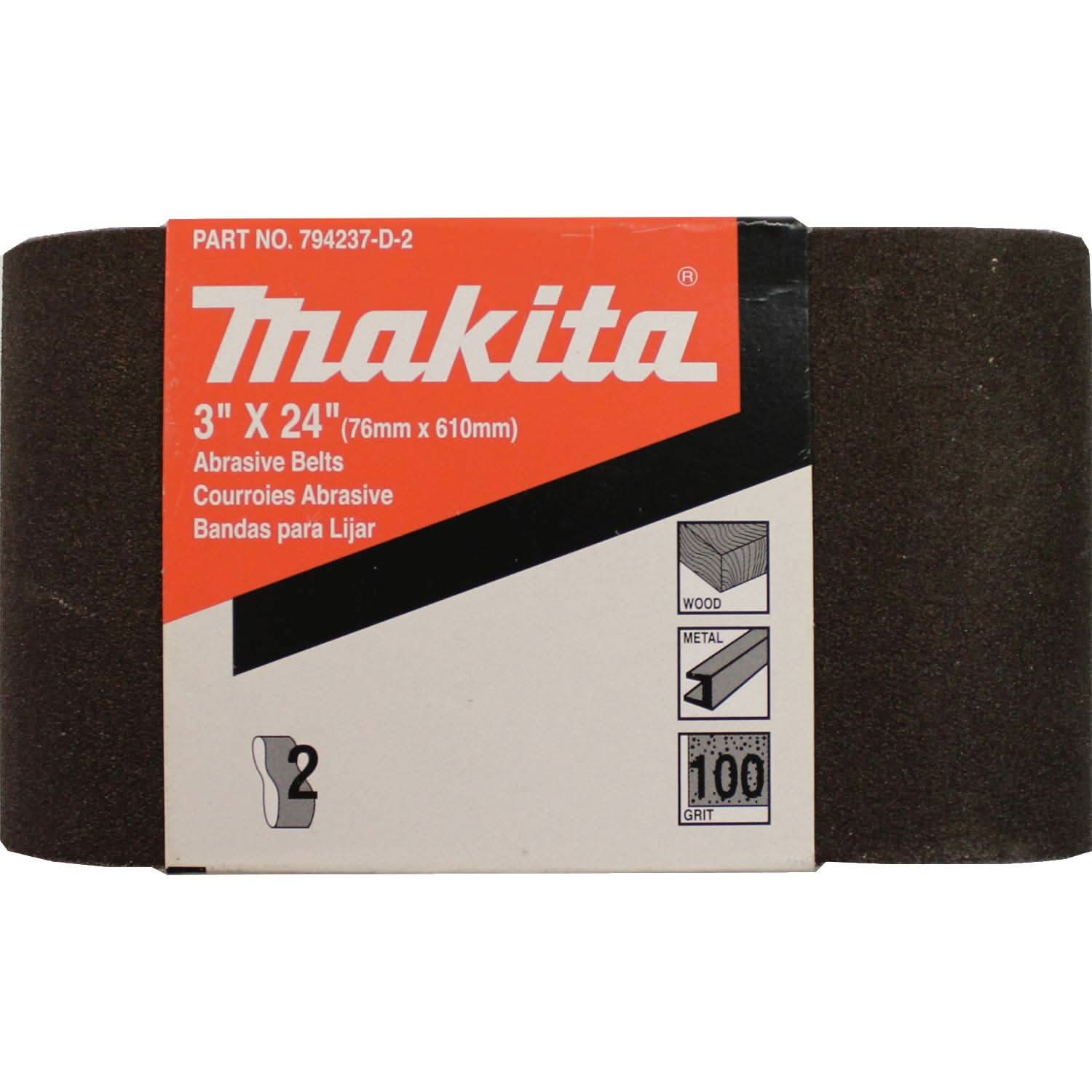 Makita 794237-D-2 3" x 24" Abrasive Belt, 100 Grit, 2/pk