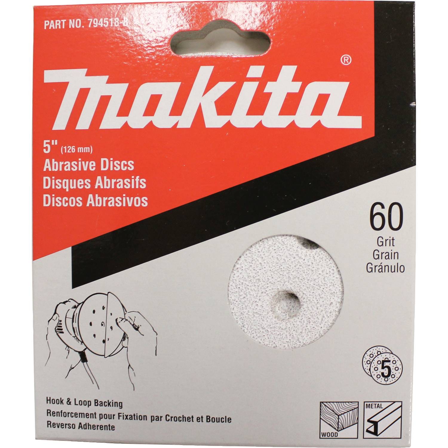 Makita 794518-8 5" Round Abrasive Disc, Hook & Loop, 60 Grit, 5/pk