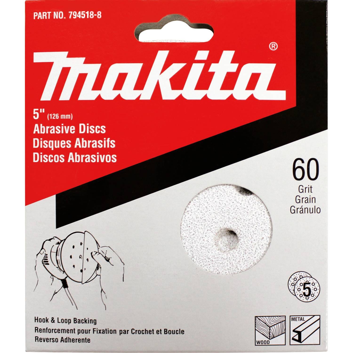 Makita 794518-8 5" Round Abrasive Disc, Hook & Loop, 60 Grit, 5/pk