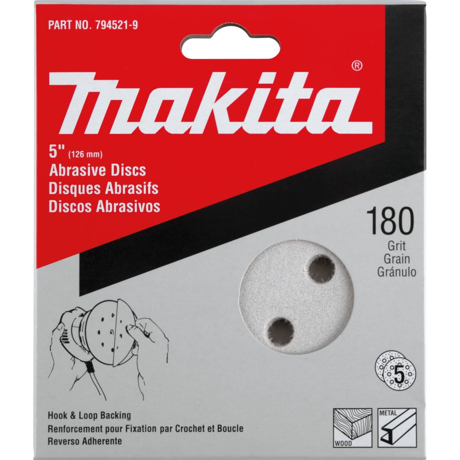 Makita 794521-9 5" Round Abrasive Disc, Hook & Loop, 180 Grit, 5/pk