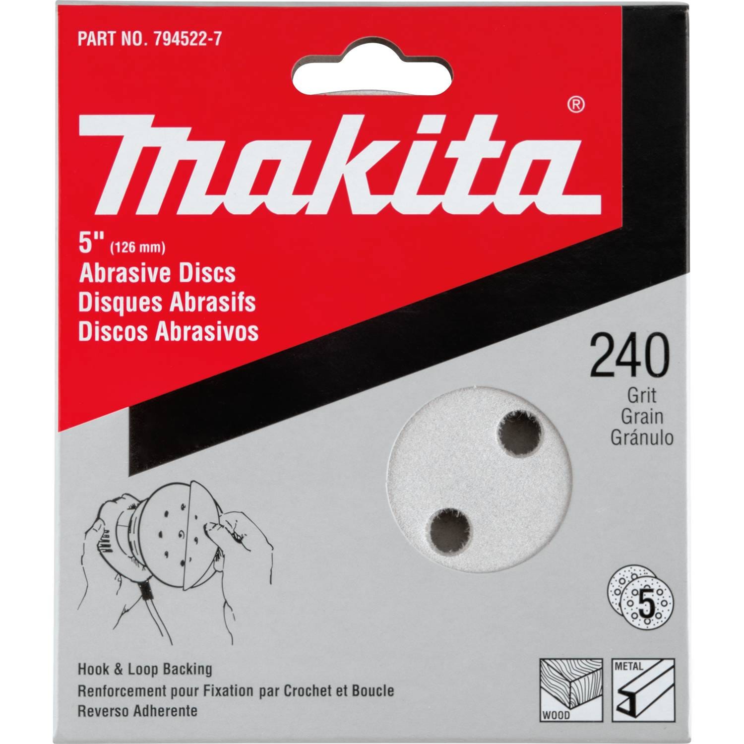 Makita 794522-7 5" Round Abrasive Disc, Hook & Loop, 240 Grit, 5/pk
