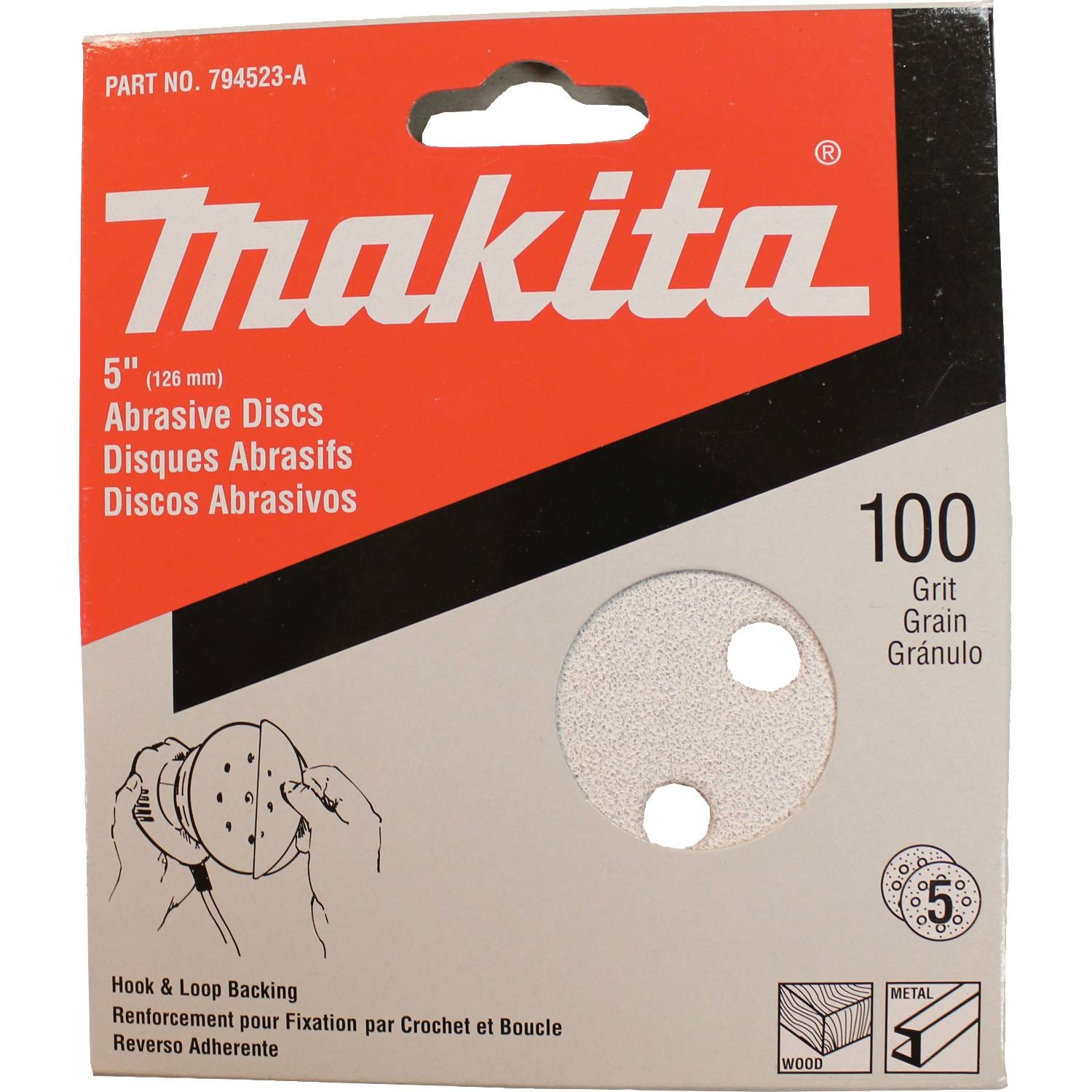 Makita 794523-A 5" Round Abrasive Disc, Hook & Loop, 100 Grit, 5/pk