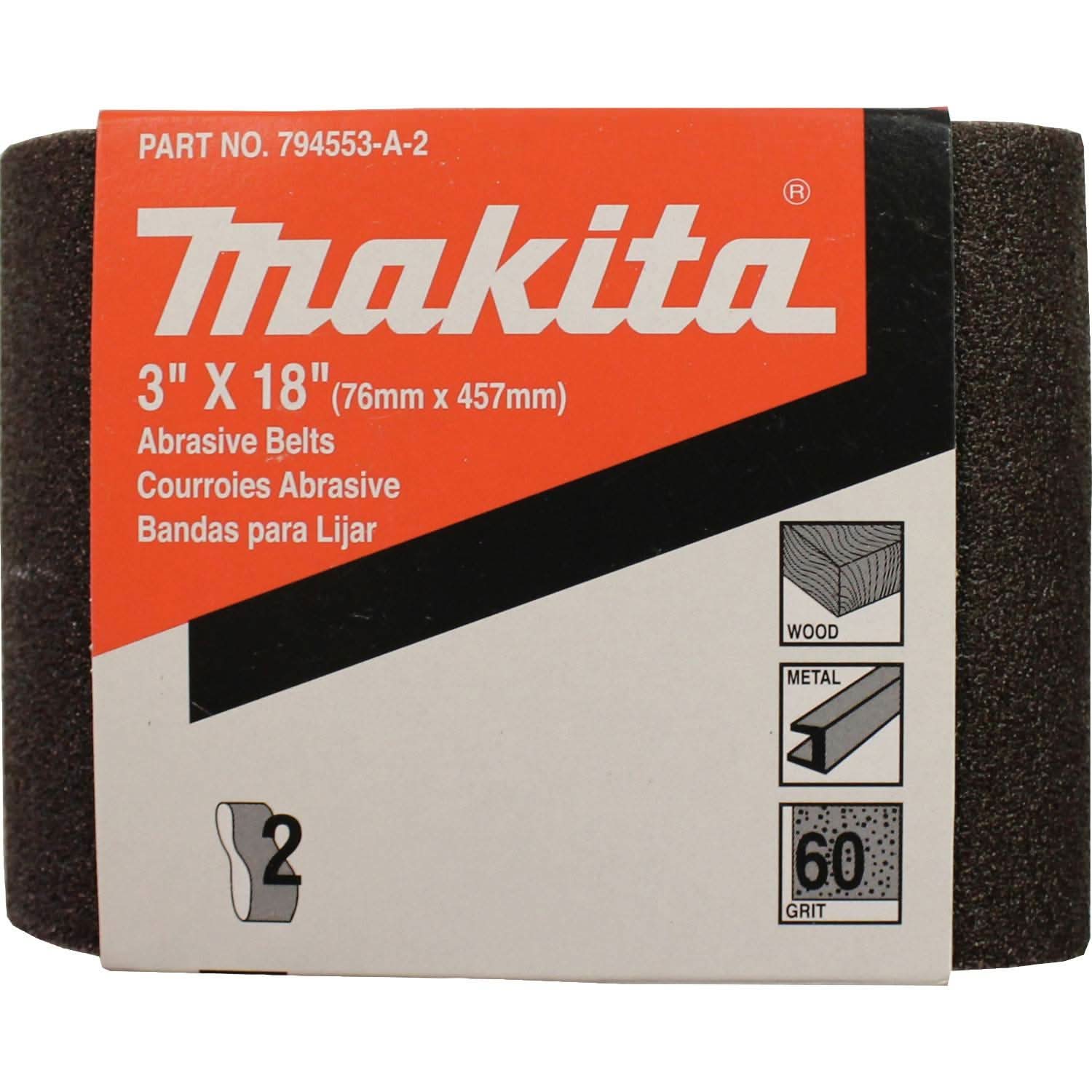 Makita 794553-A-2 3" x 18" Abrasive Belt, 60 Grit, 2/pk