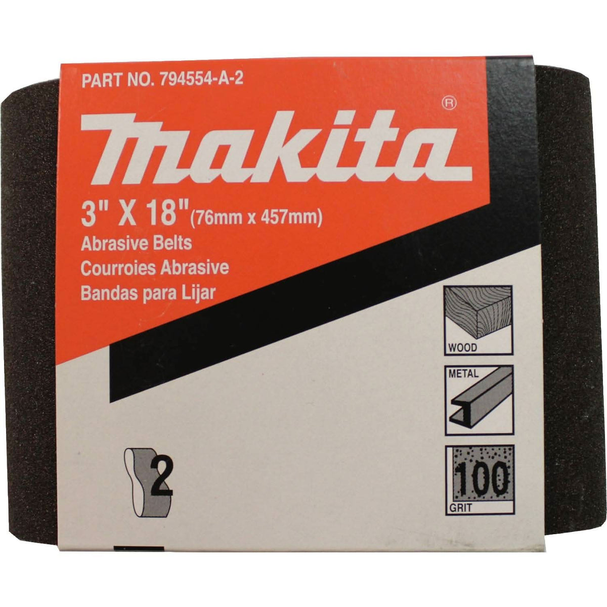 Makita 794554-A-2 3" x 18" Abrasive Belt, 100 Grit, 2/pk