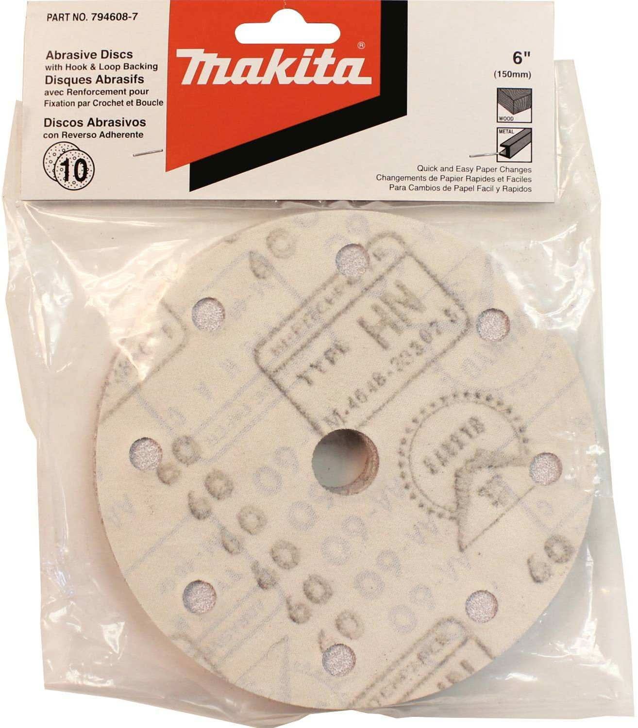 Makita 794608-7 6" Round Abrasive Disc, Hook & Loop, 60 Grit, 10/pk.