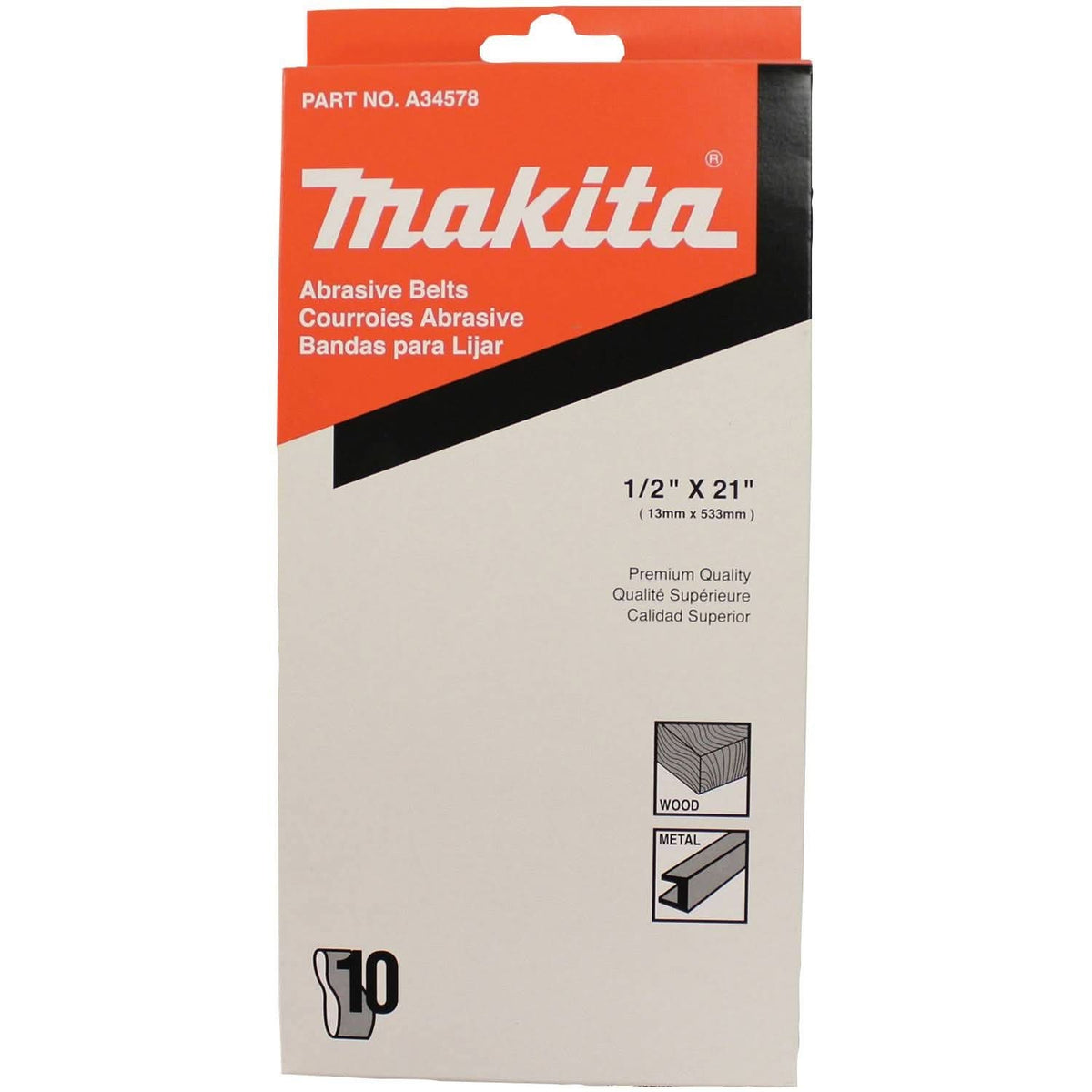 Makita A-34578 1/2" x 21" Abrasive Belt, 60 Grit, 10/pk