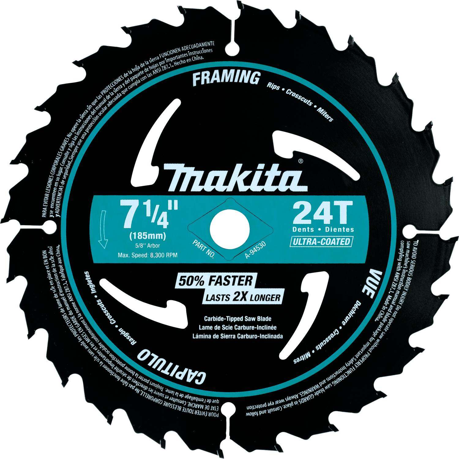 Makita A-94530-10 7-1/4" 24T Carbide-Tipped Ultra-Coated Circular Saw Blade, Framing, 10/pk