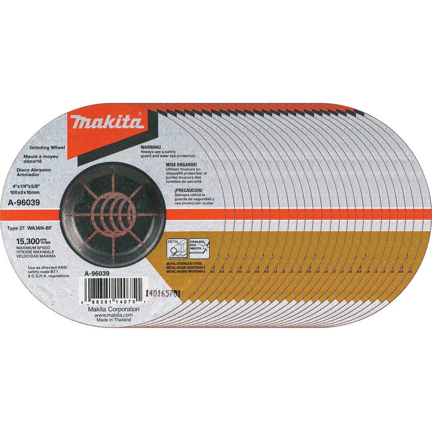 Makita A-96039-25 4" x 1/4" x 5/8" INOX Grinding Wheel, 36 Grit, 25/pk