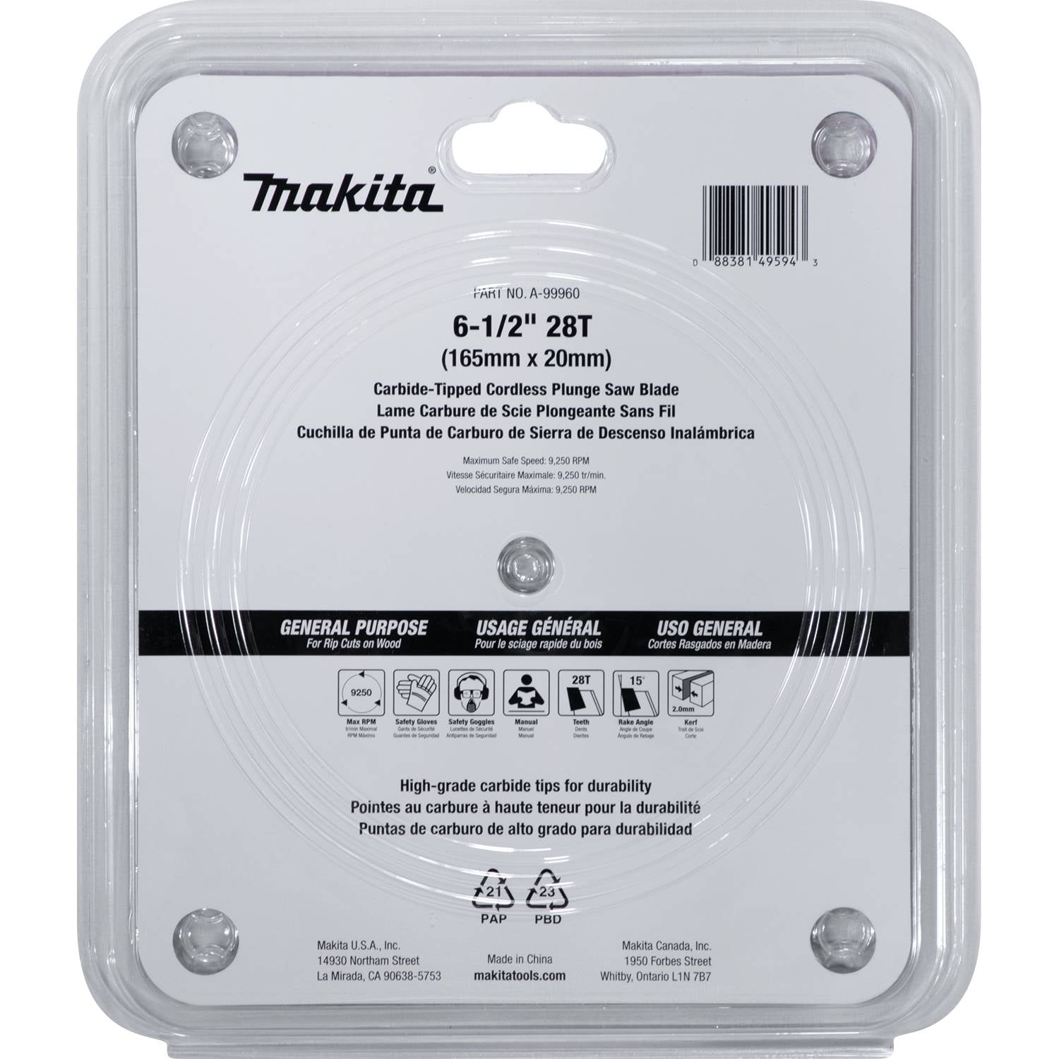 Makita A-99960 6-1/2" 28T Carbide-Tipped Cordless Plunge Saw Blade