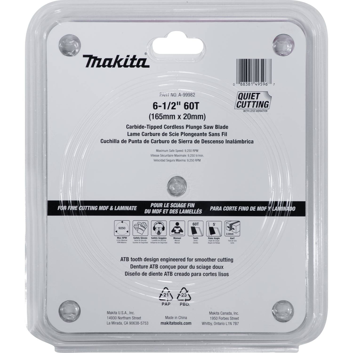 Makita A-99982 6-1/2" 60T (ATB) Carbide-Tipped Cordless Plunge Saw Blade