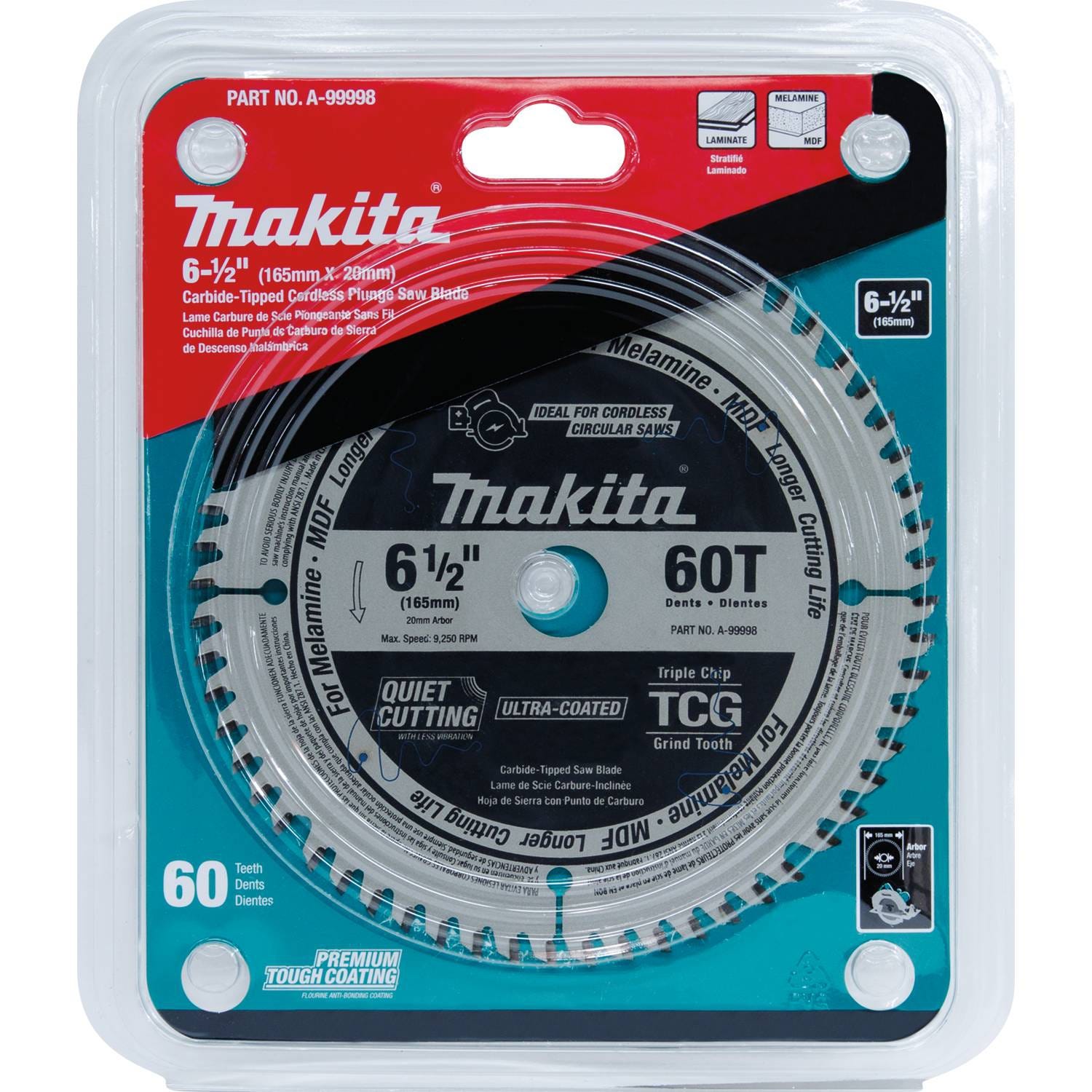 Makita A-99998 6-1/2" 60T (TCG) Carbide-Tipped Cordless Plunge Saw Blade