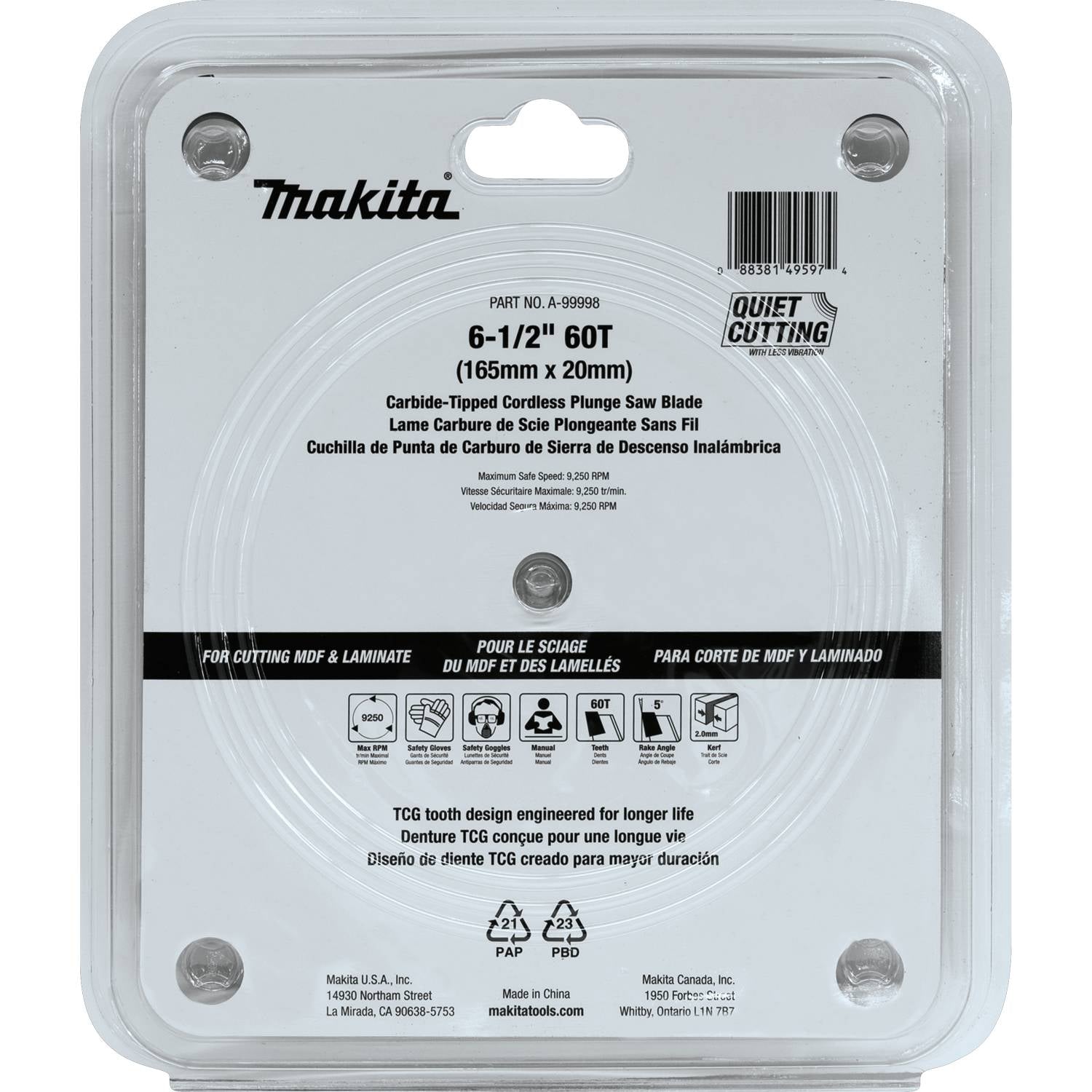 Makita A-99998 6-1/2" 60T (TCG) Carbide-Tipped Cordless Plunge Saw Blade