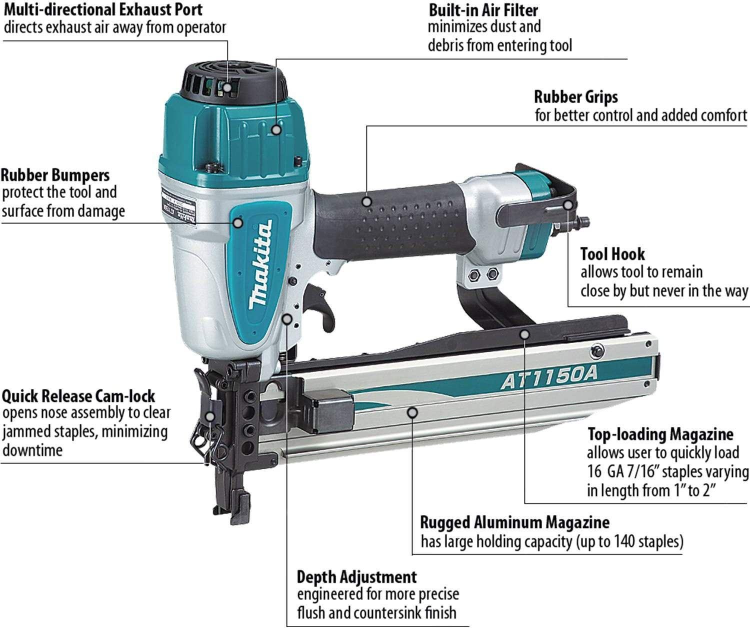 Makita AT1150A 7/16" Medium Crown Stapler, 16 Ga.